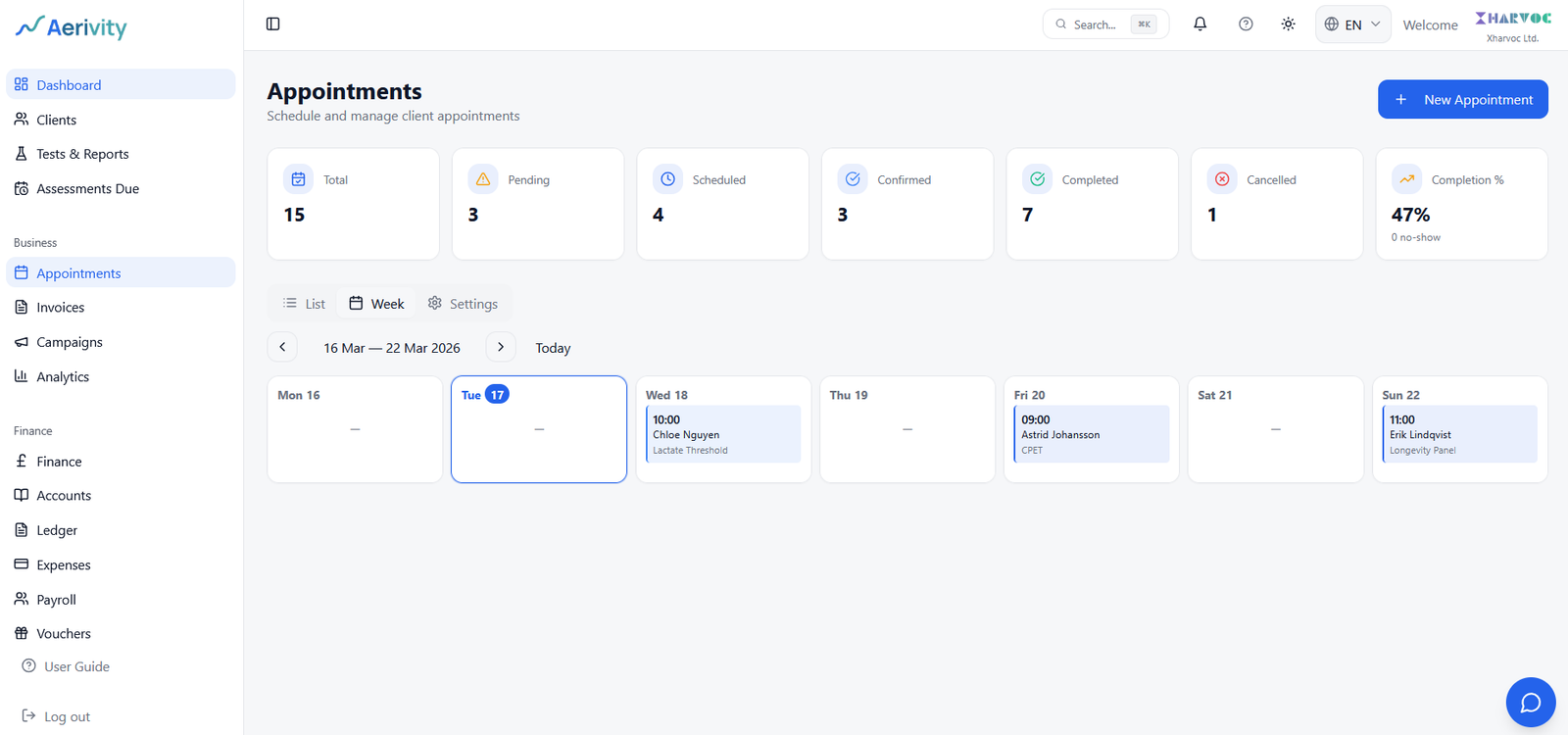 Appointments & Booking – Aerivity feature screenshot