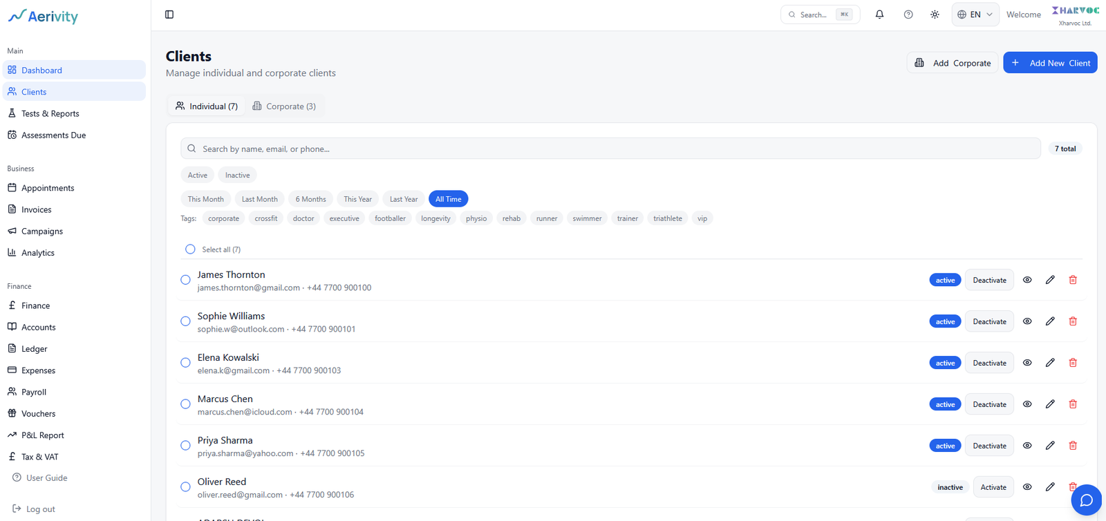 Client Management – Aerivity feature screenshot